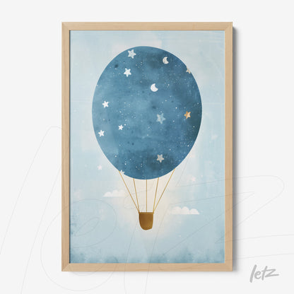 framed illustration of a blue hot air balloon with white stars and light wood frame
