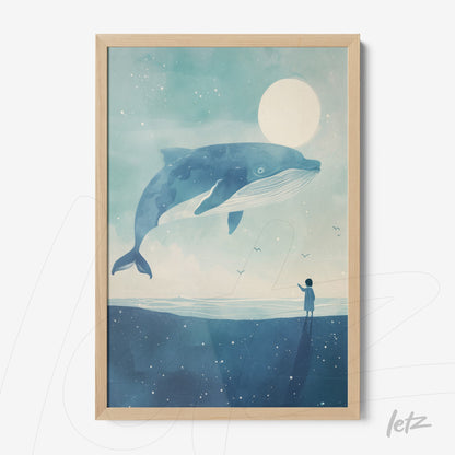 framed wall art featuring a blue whale hovering above a silhouetted figure against a starry sky and full moon with a light wood frame