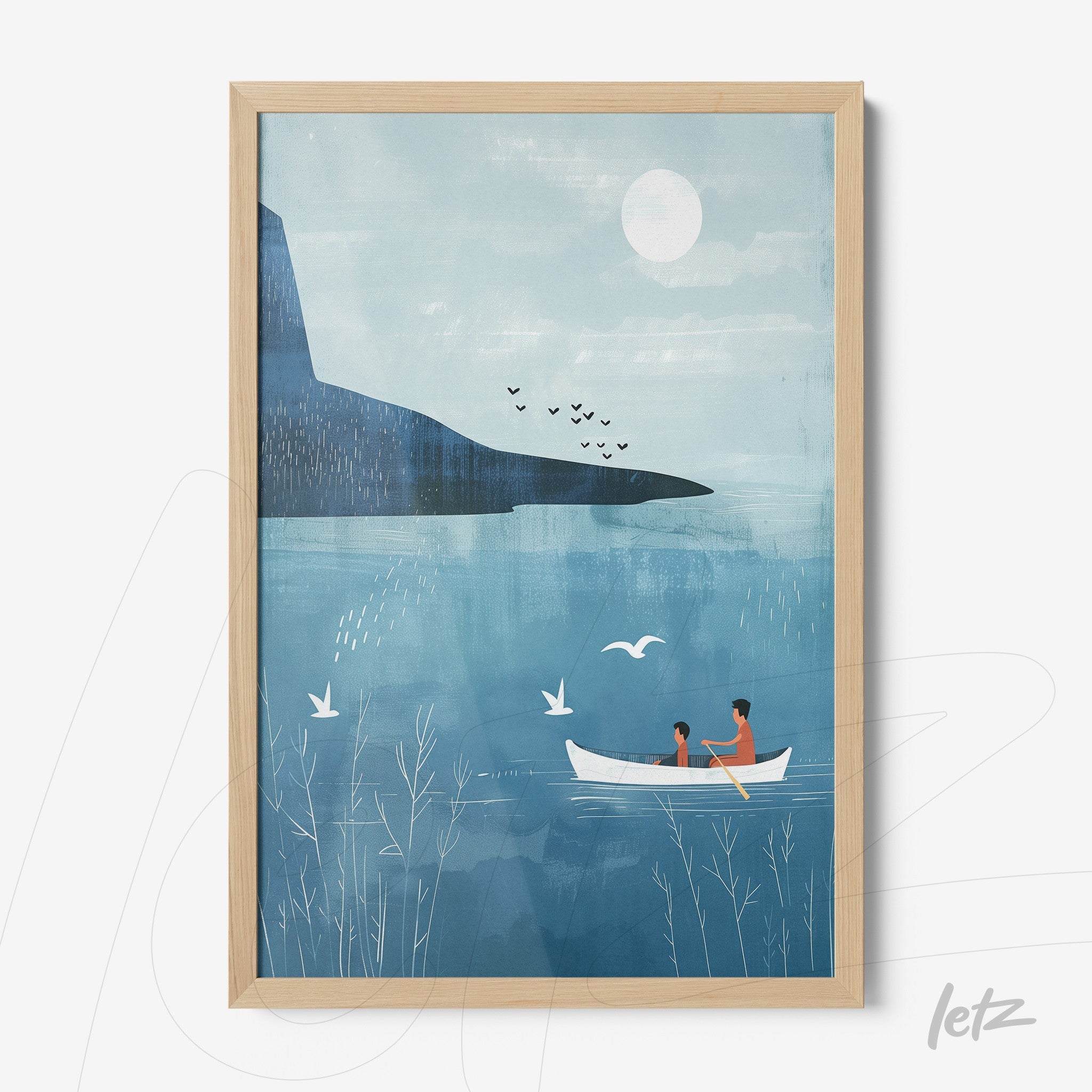 framed artwork in blue tones depicting a couple rowing in a boat under a full moon with birds flying