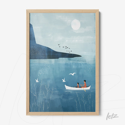 framed artwork in blue tones depicting a couple rowing in a boat under a full moon with birds flying