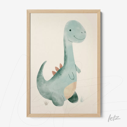 framed watercolor illustration of a dinosaur with a light wood frame
