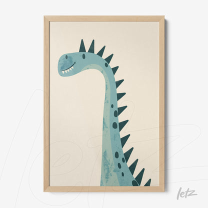 framed wall art featuring a turquoise dinosaur with spines and a light wooden frame