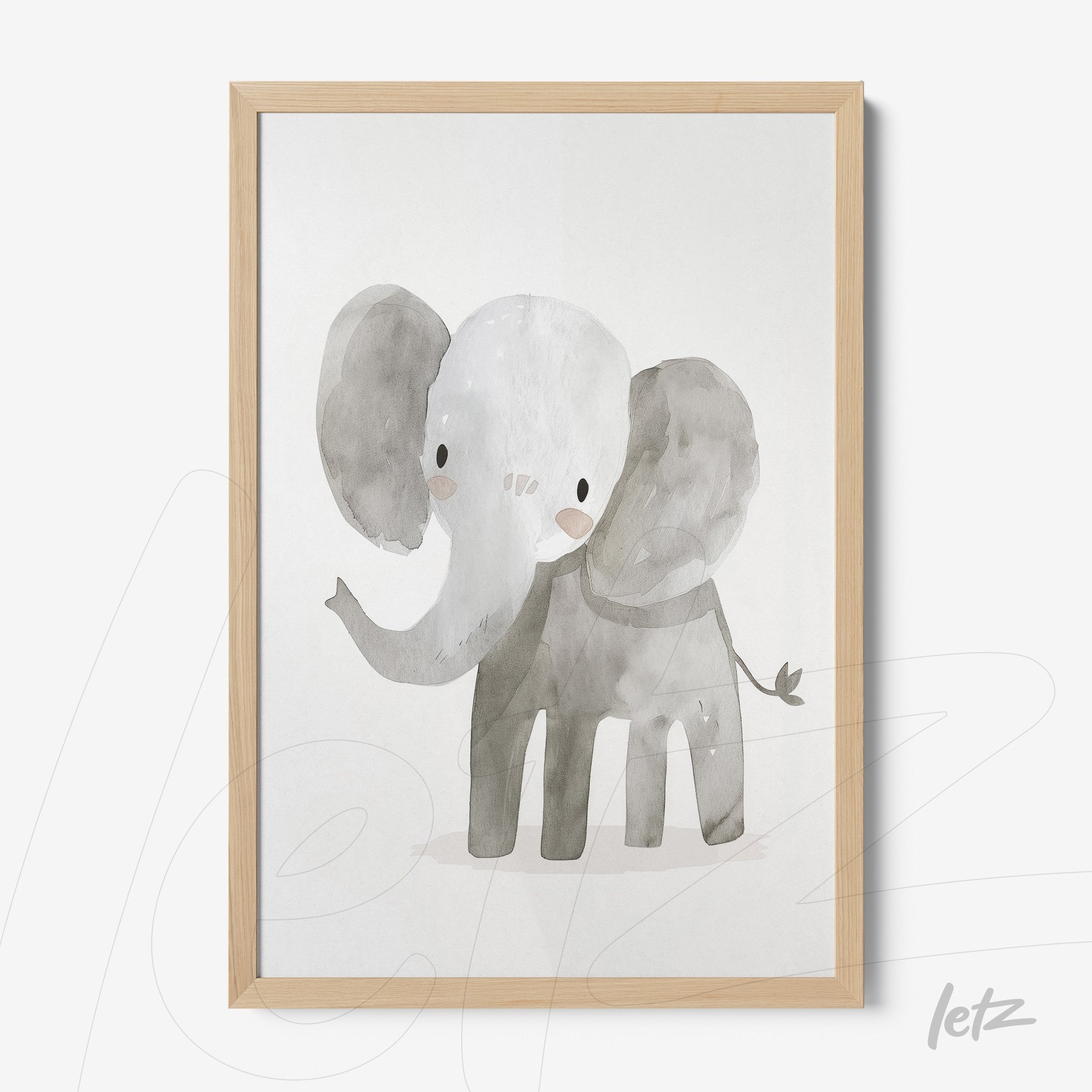 framed watercolor illustration of an elephant with soft outlines and light wood frame