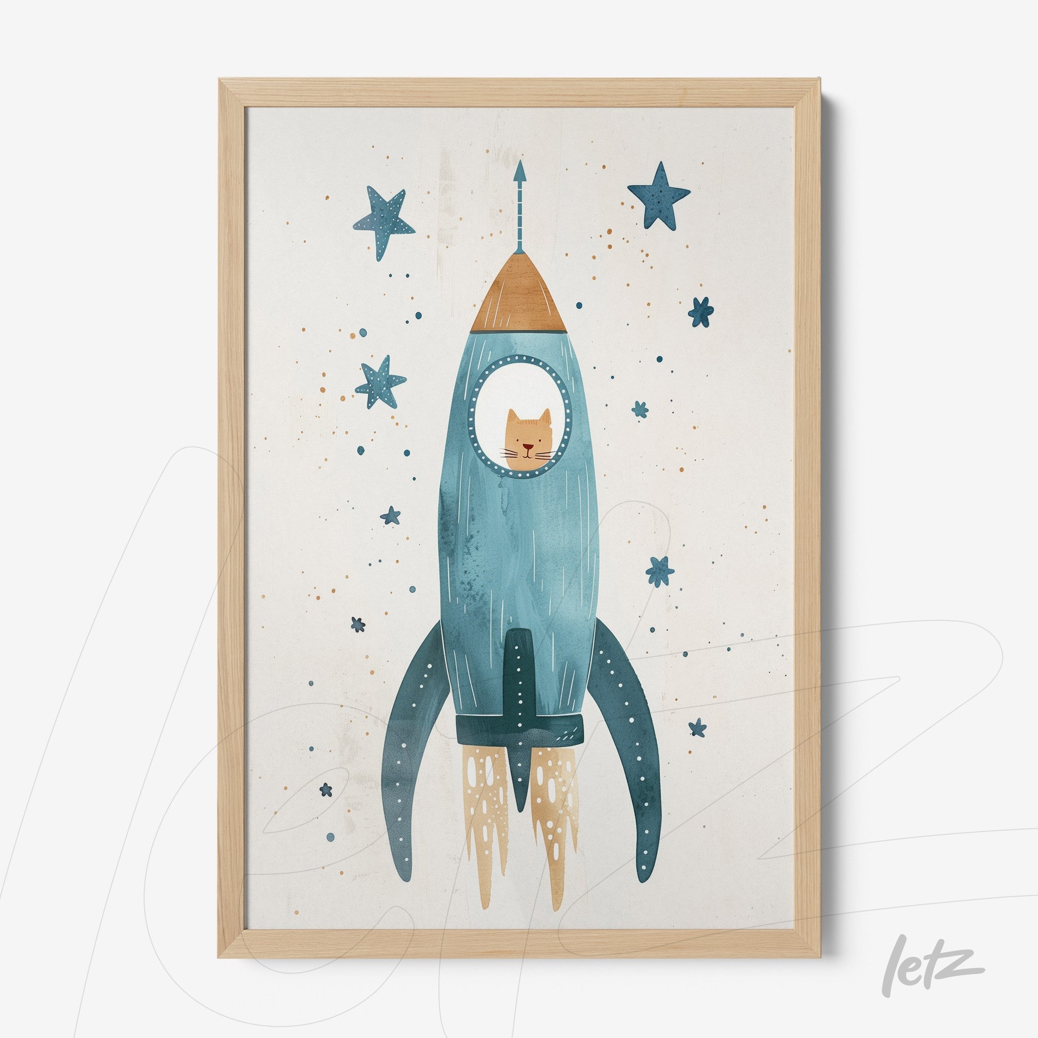 framed wall art featuring a playful illustration of a cat inside a blue rocket, surrounded by stars on a light background