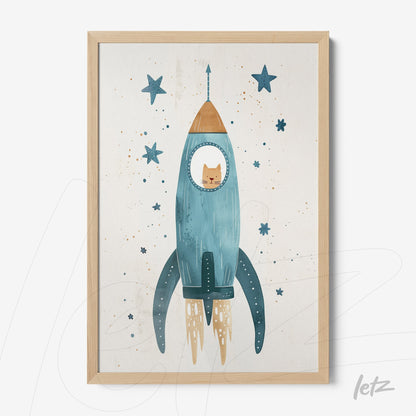 framed wall art featuring a playful illustration of a cat inside a blue rocket, surrounded by stars on a light background