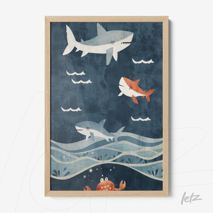 framed art featuring swimming sharks over a blue background with waves, light wood frame