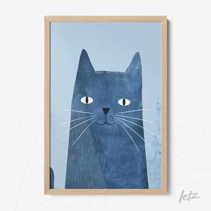 framed wall art featuring a blue cat illustration on a light background with a light wood frame