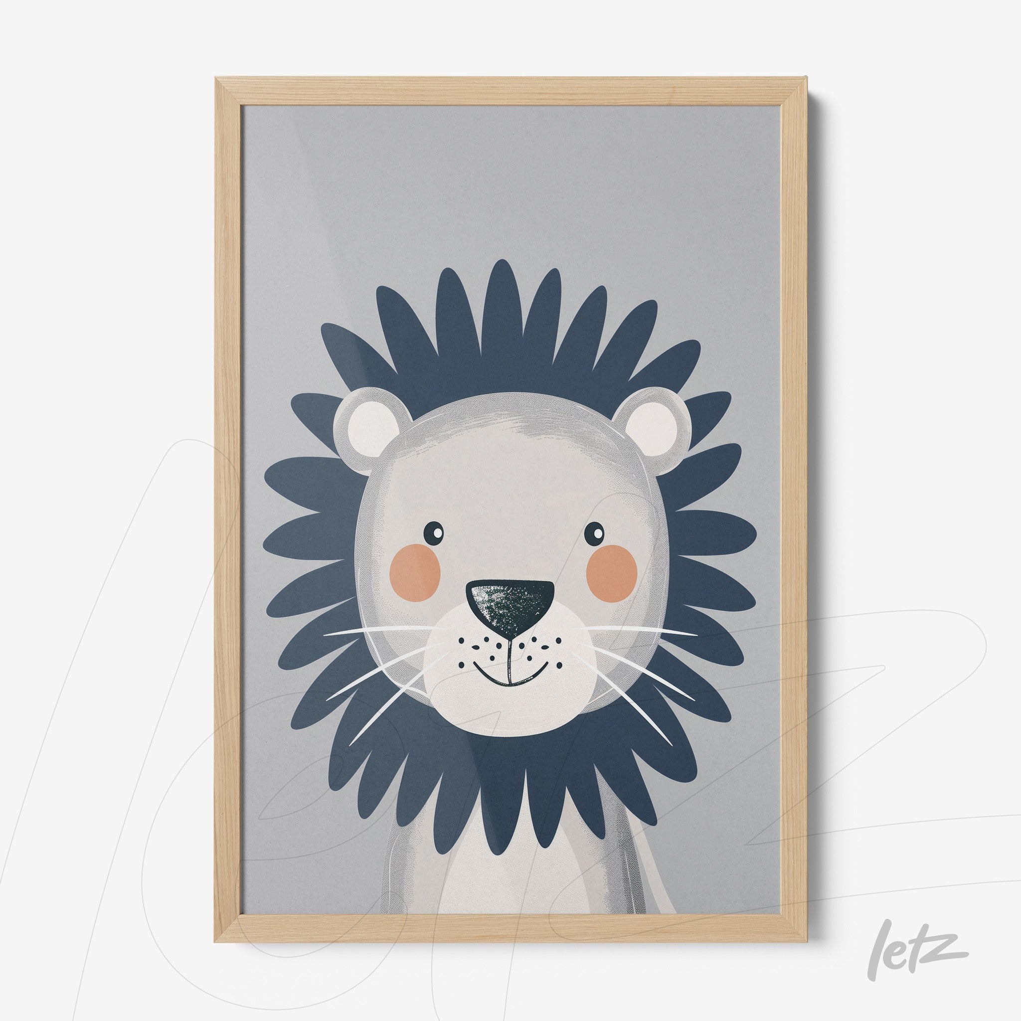 framed wall art featuring a smiling lion illustration in light wood frame