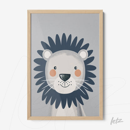 framed wall art featuring a smiling lion illustration in light wood frame
