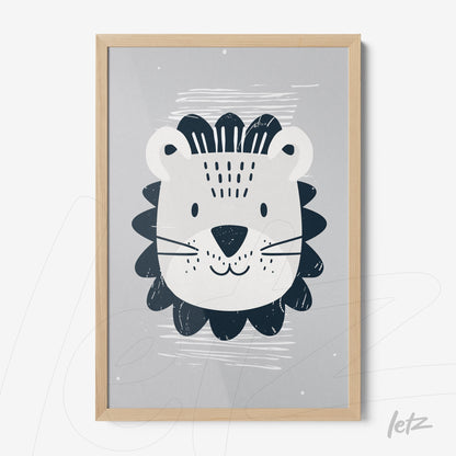 framed wall art featuring a minimalist lion illustration with light wood frame