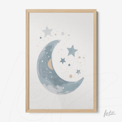 framed artwork featuring a soft blue moon and stars in a light background with a light wood frame