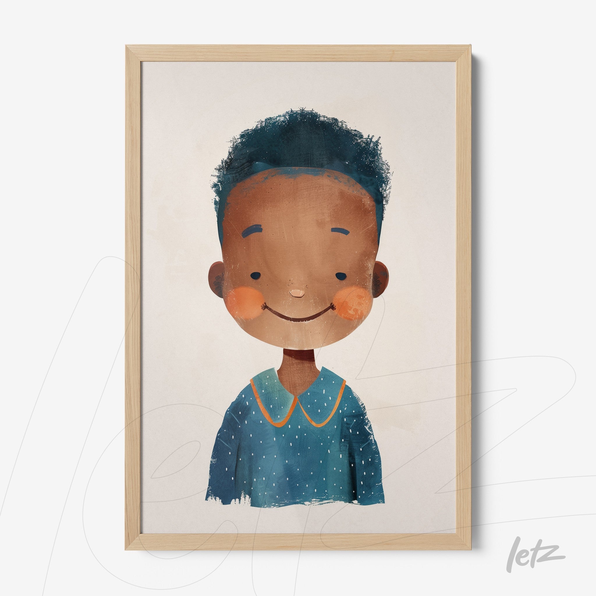 framed wall art featuring a smiling boy with curly hair in a blue outfit with orange details