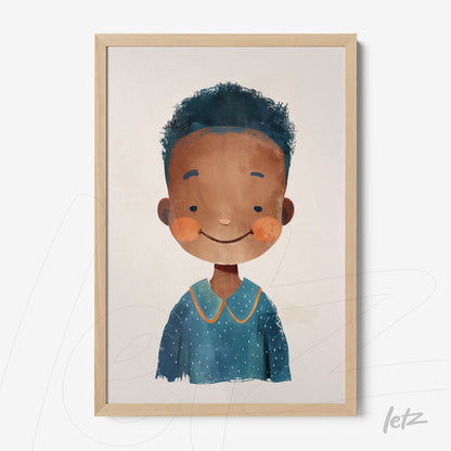 framed wall art featuring a smiling boy with curly hair in a blue outfit with orange details