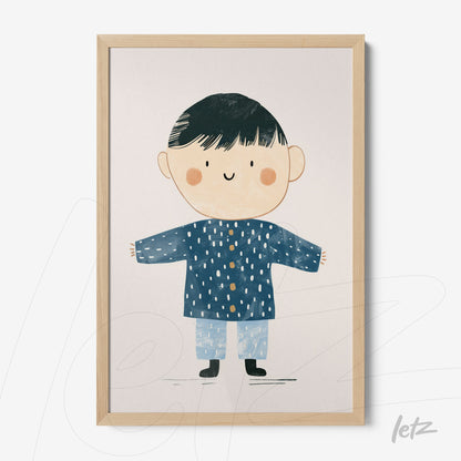 framed artwork featuring a smiling boy in a blue coat and light pants with a natural wood frame