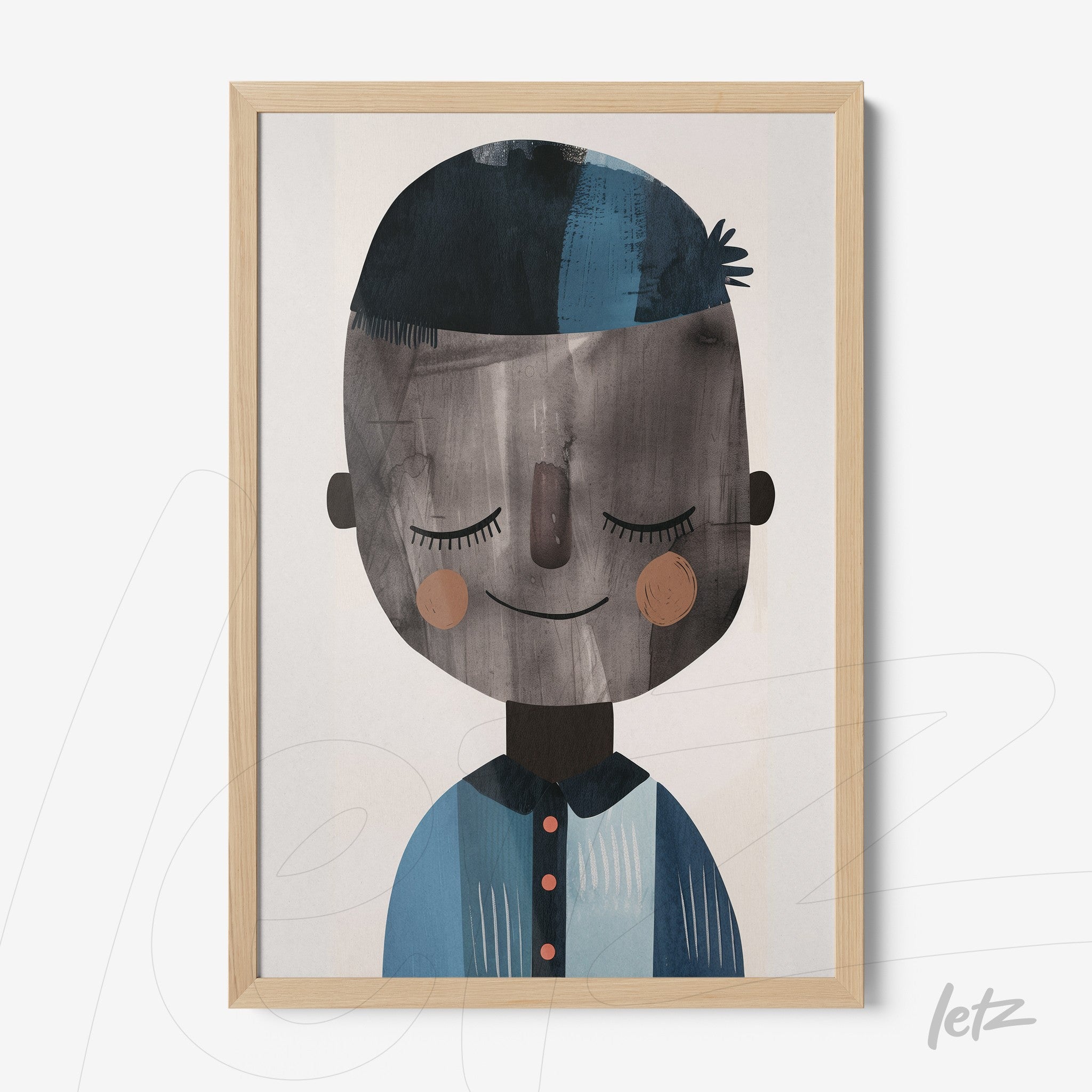 framed illustration of a stylized character with a smiling face in light wood frame