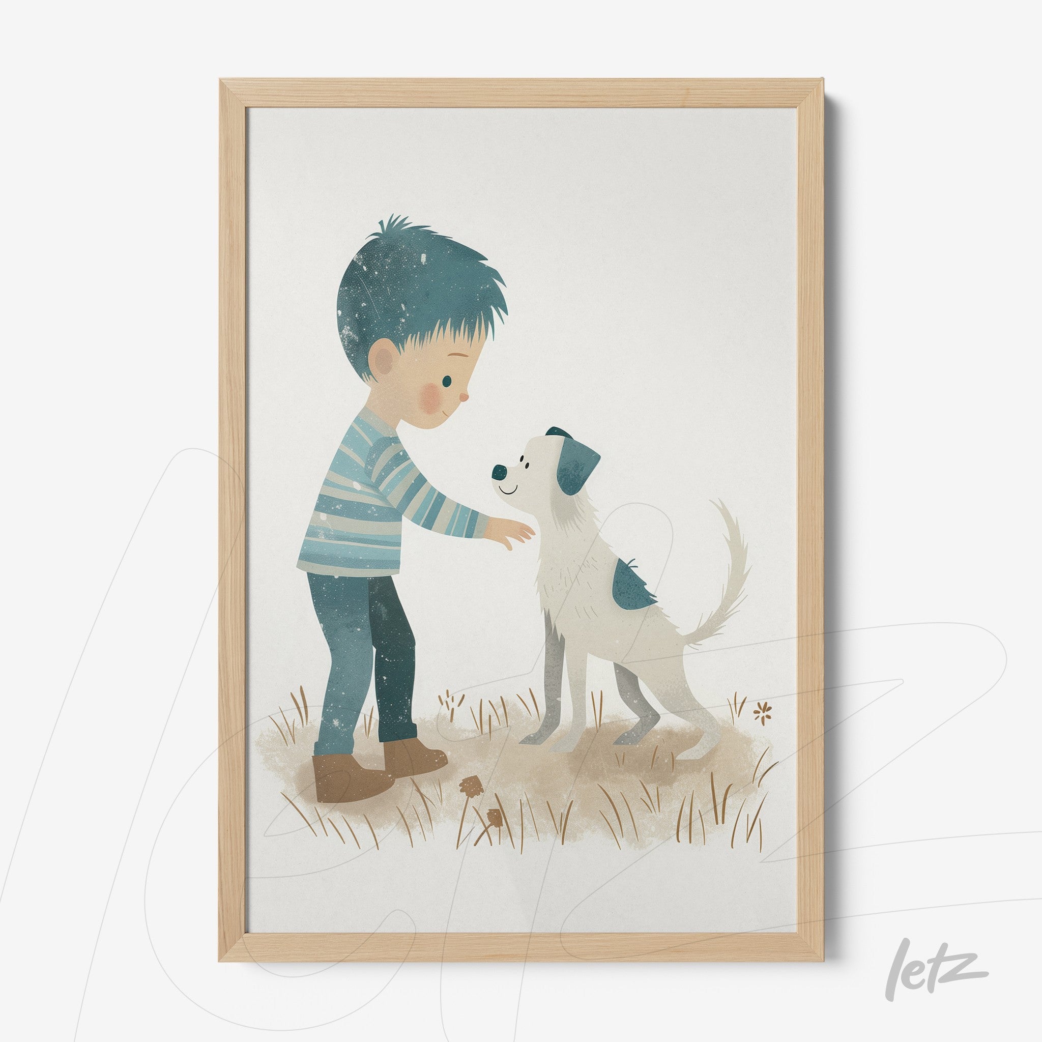 framed artwork of a boy petting a dog in a light background with a light wood frame
