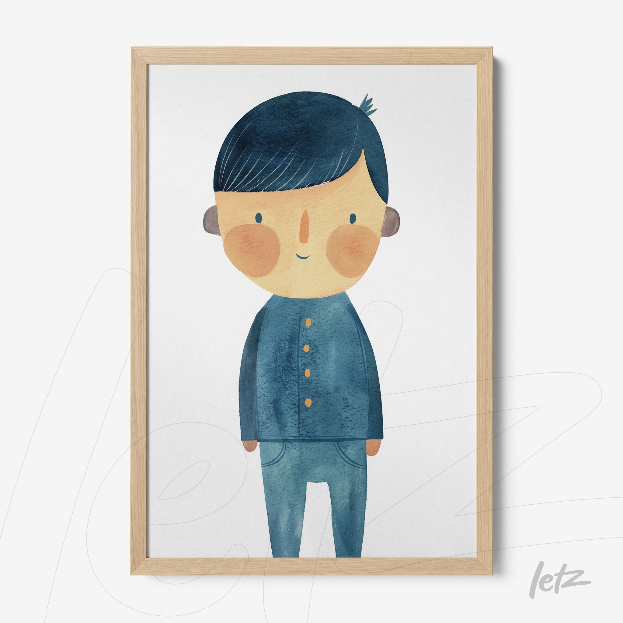 framed wall art featuring a cheerful boy illustration dressed in blue with light wooden frame