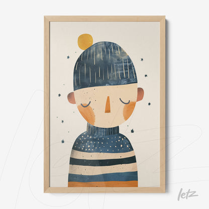 framed artwork featuring a character wearing a beanie and striped sweater with a light wood frame