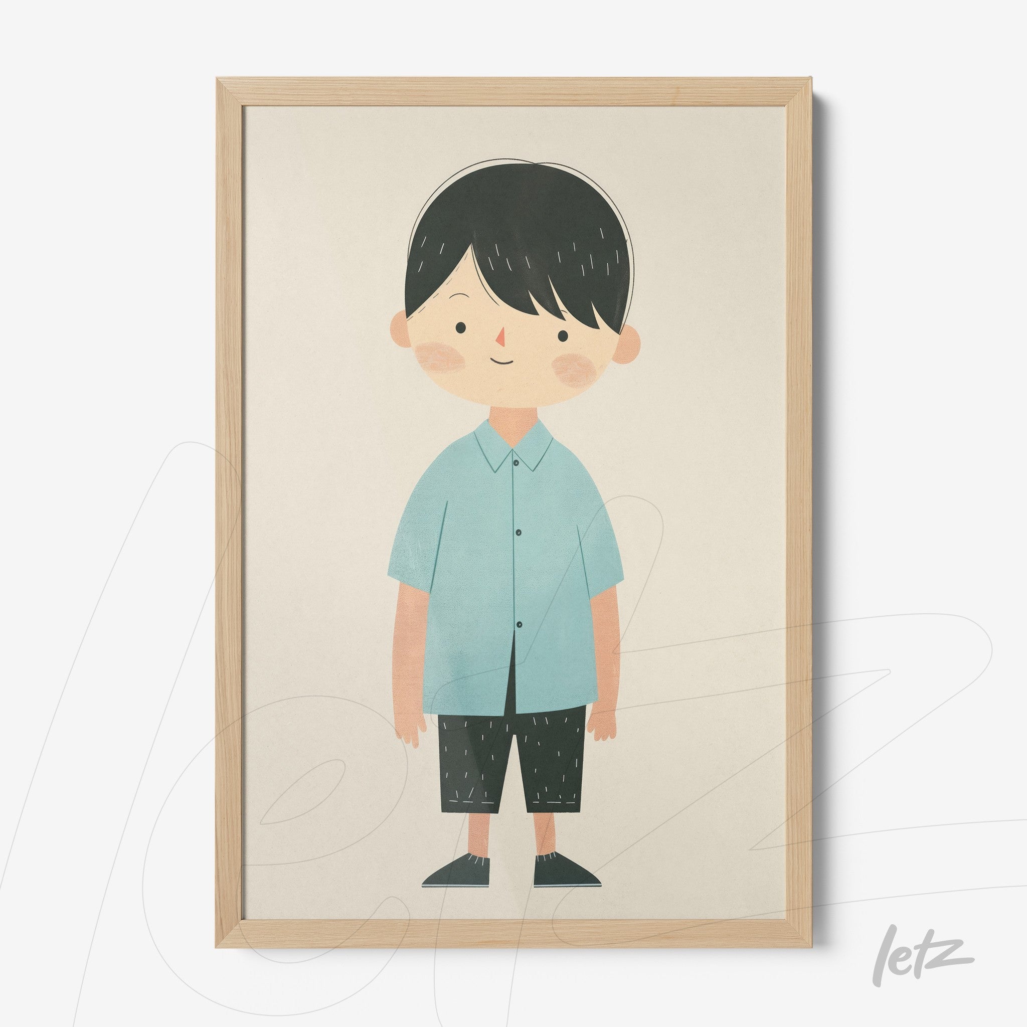 framed artwork featuring a child illustration of a boy in a blue shirt and black pants with a light wood frame