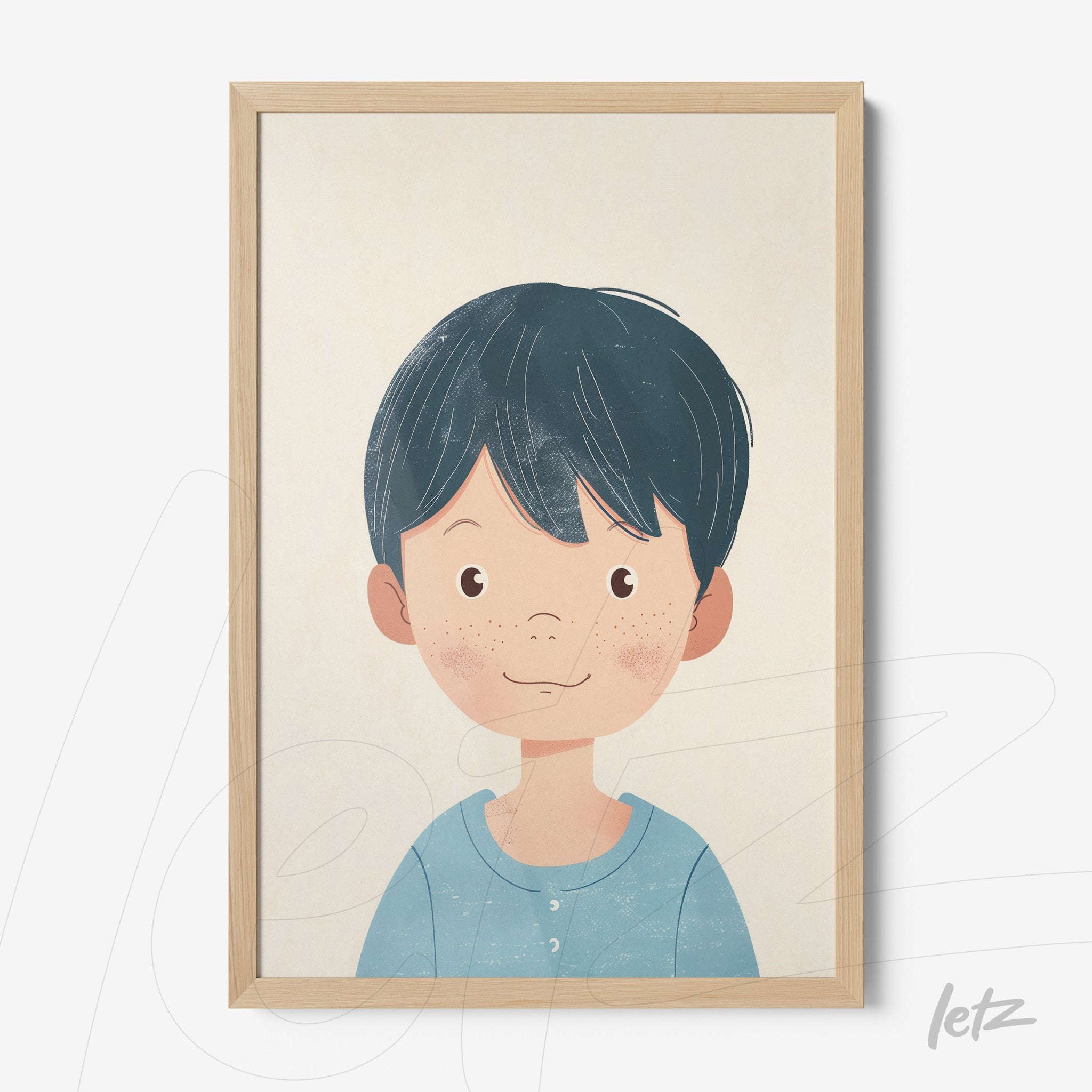 framed artwork featuring a smiling boy portrait with dark hair and blue shirt in light wood frame