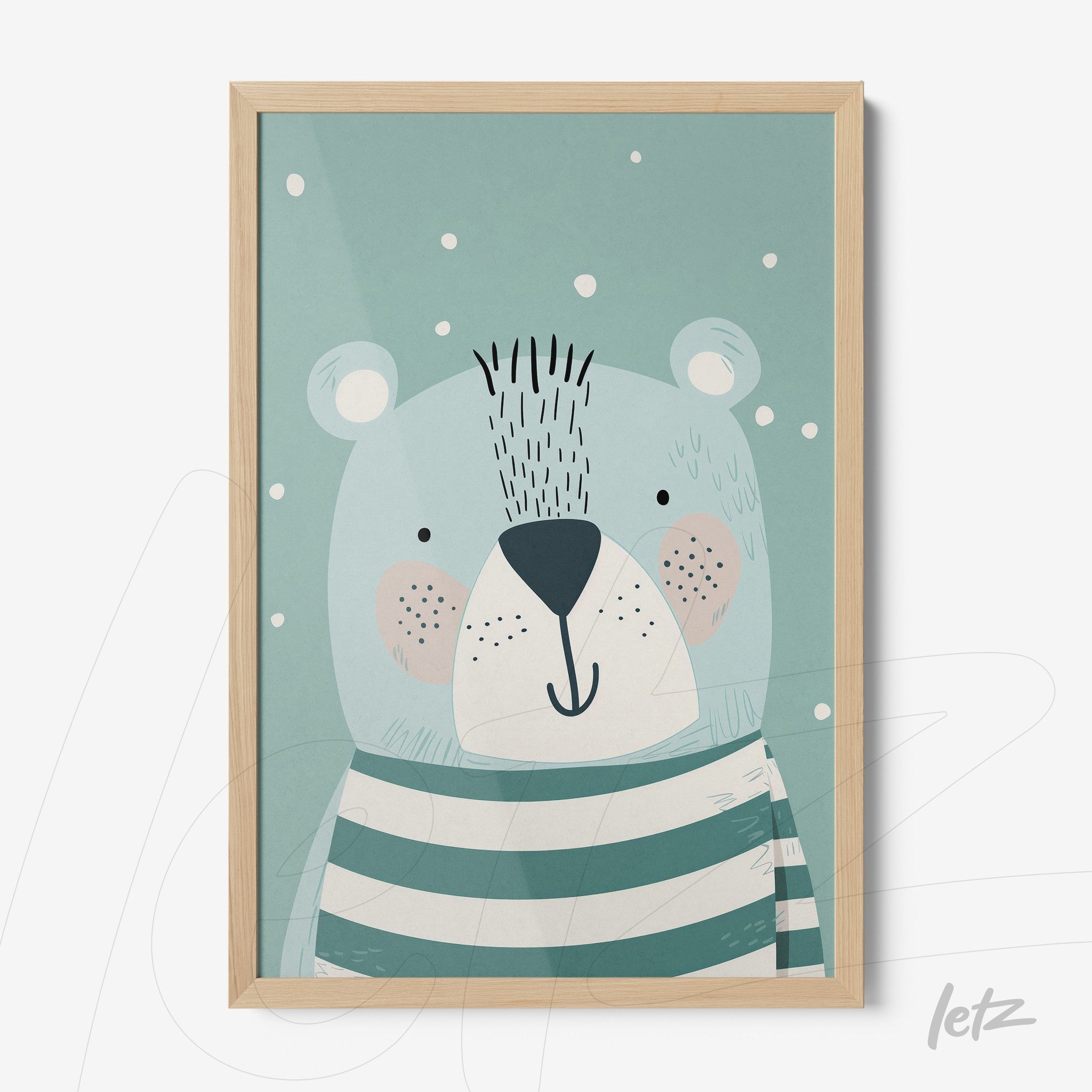 framed wall art featuring a cute bear illustration wearing green stripes on a soft blue background with a light wood frame
