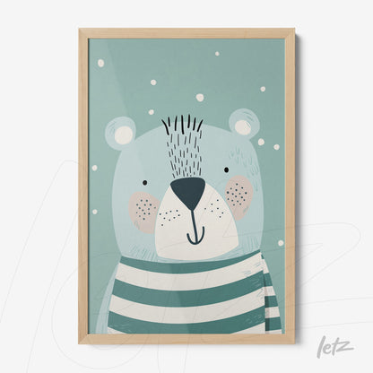 framed wall art featuring a cute bear illustration wearing green stripes on a soft blue background with a light wood frame