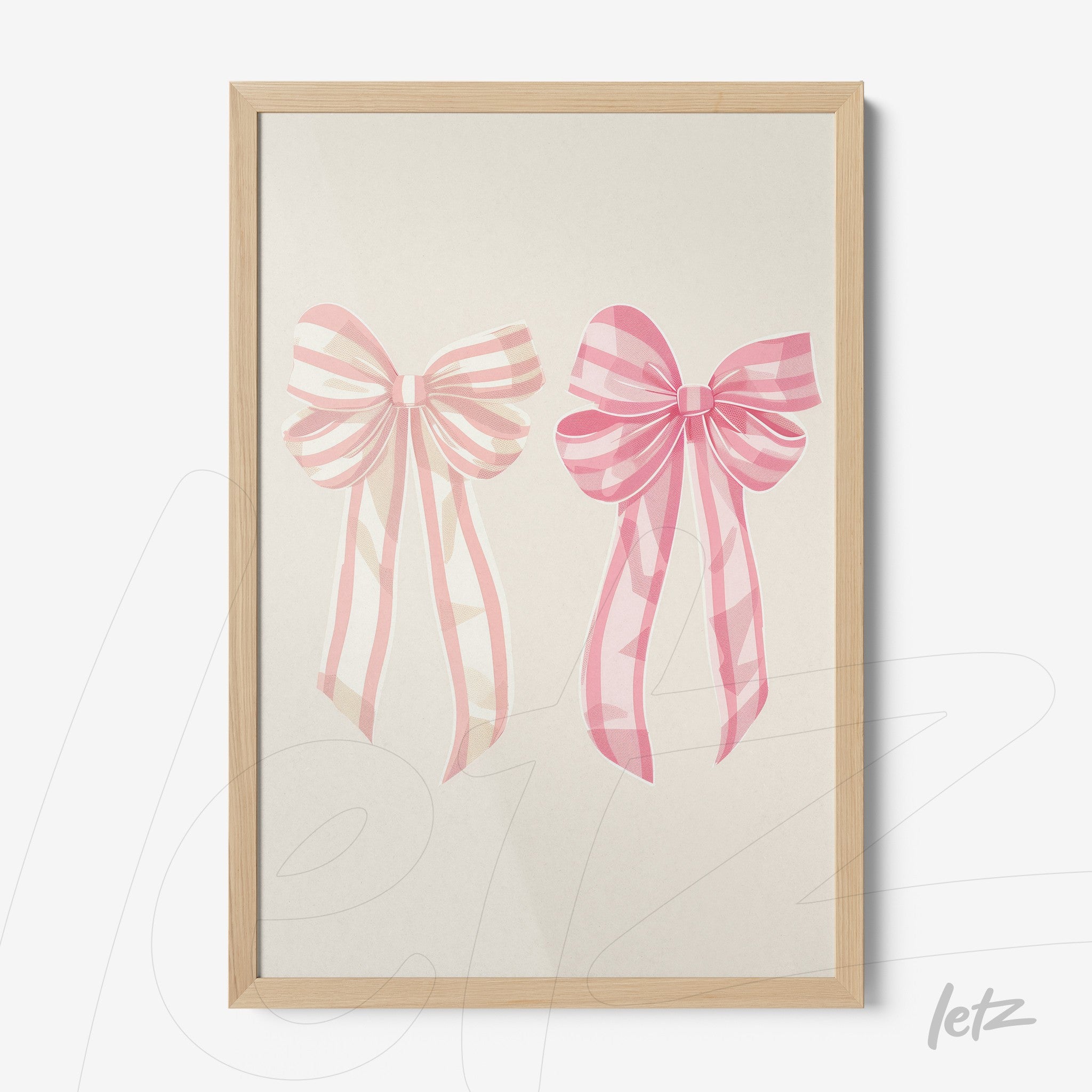 framed wall art featuring pink bows illustration in light wood frame