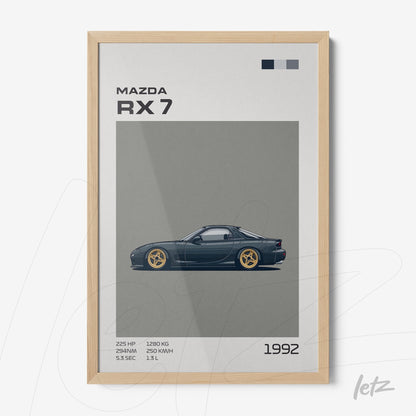 framed artwork of the 1992 Mazda RX 7 with light wood frame