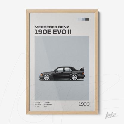framed artwork featuring a minimalist illustration of a Mercedes Benz 190E EVO II with a light wood frame