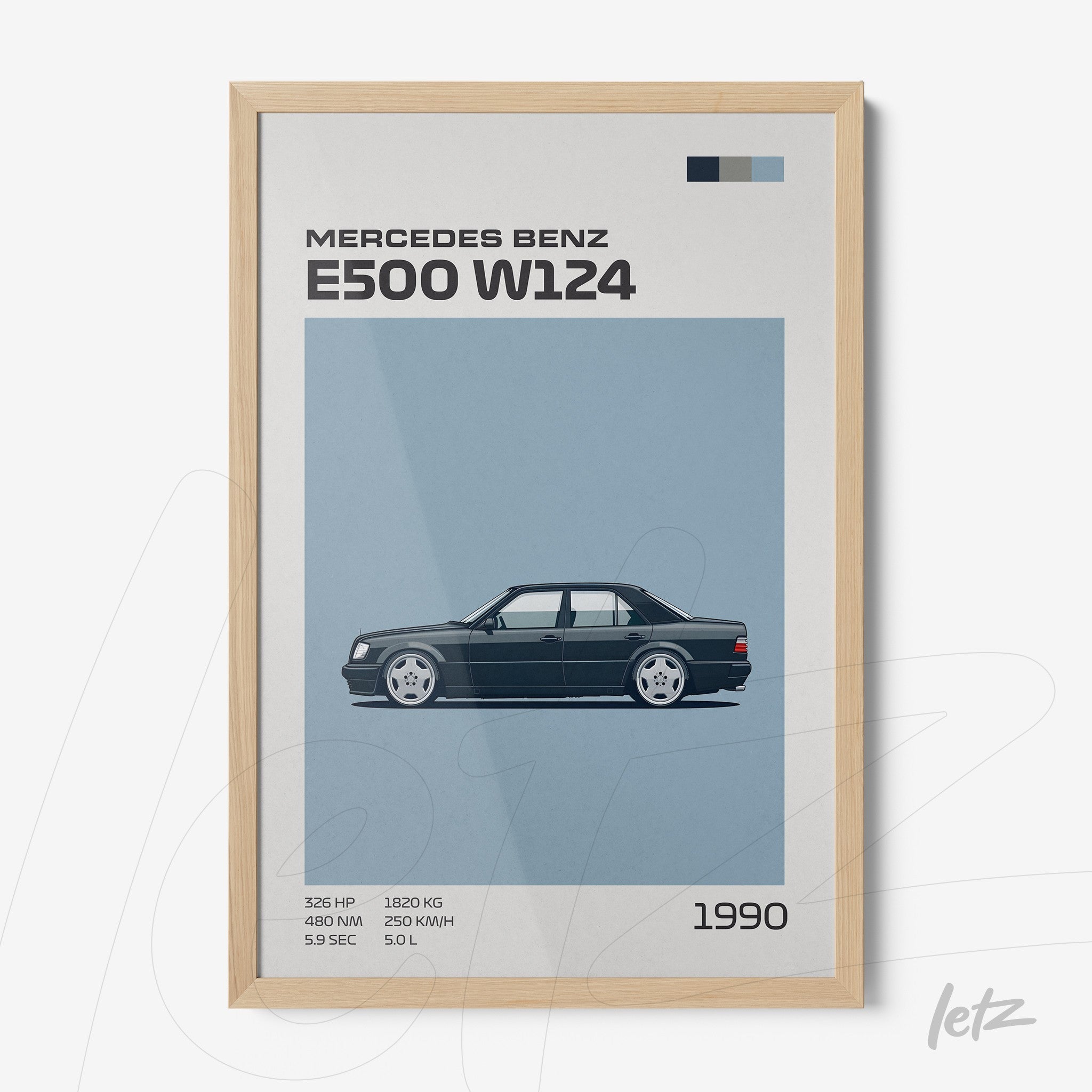 framed minimalist artwork of a Mercedes Benz E500 W124 car in blue background with light wood frame