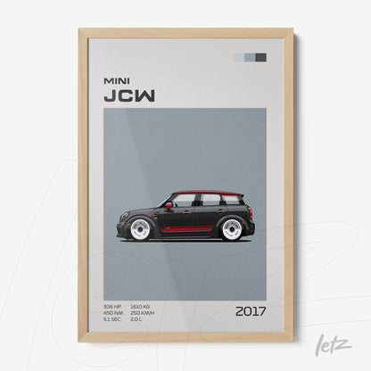 framed artwork of the 2017 Mini JCW car in light wood frame featuring a gray background and graphic details