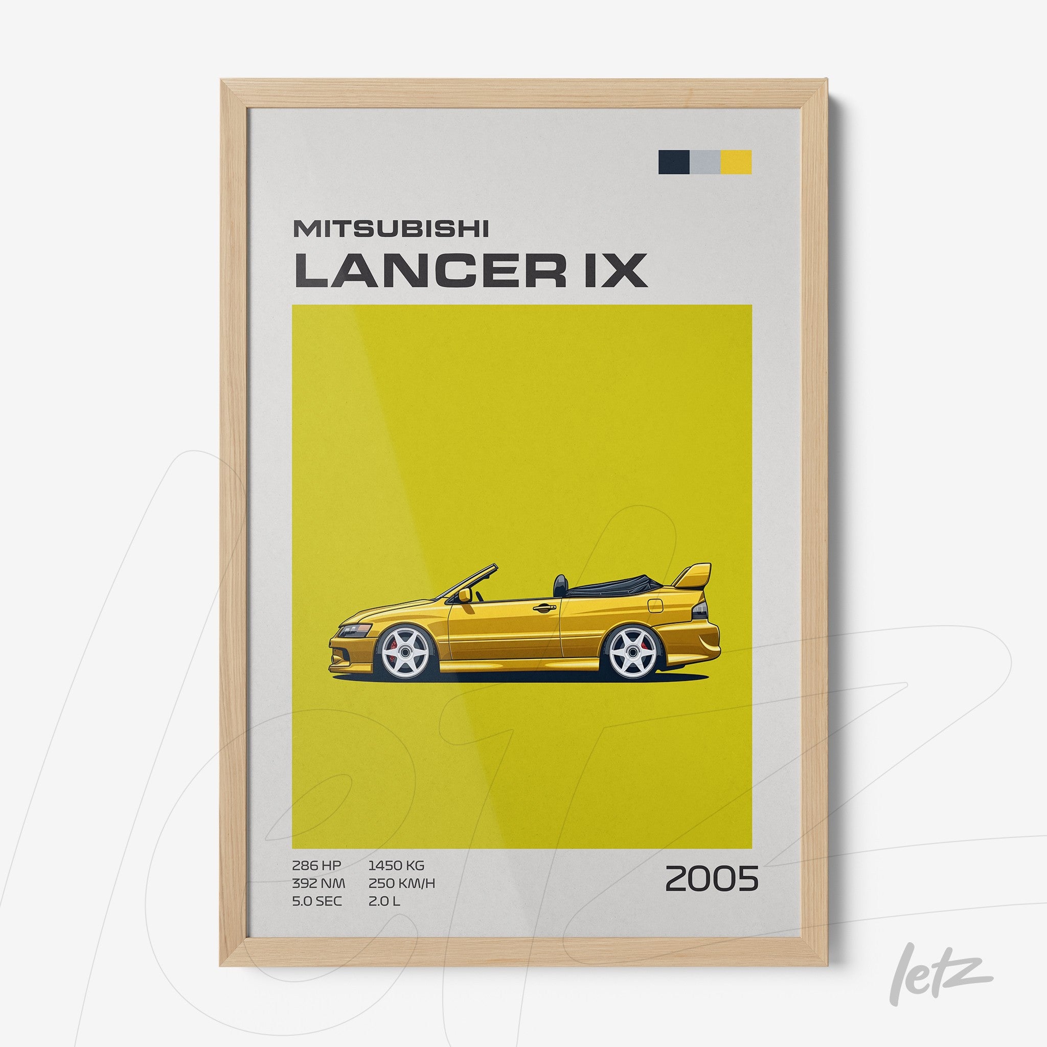 framed artwork of Mitsubishi Lancer IX in vibrant yellow background with light wood frame