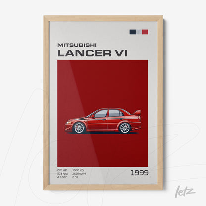 framed art featuring an illustration of a Mitsubishi Lancer VI on a red background with a light wood frame