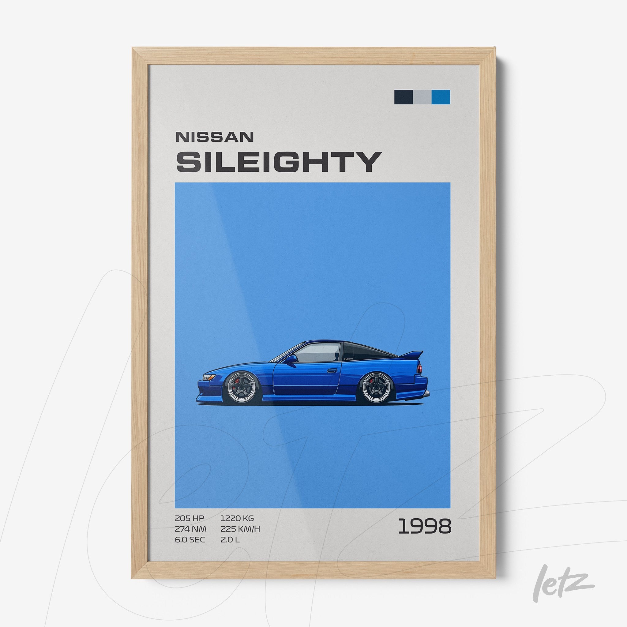 framed wall art featuring a Nissan Sil80 illustration on a vibrant blue background