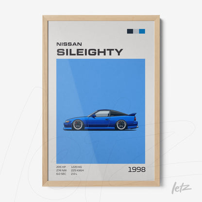 framed wall art featuring a Nissan Sil80 illustration on a vibrant blue background