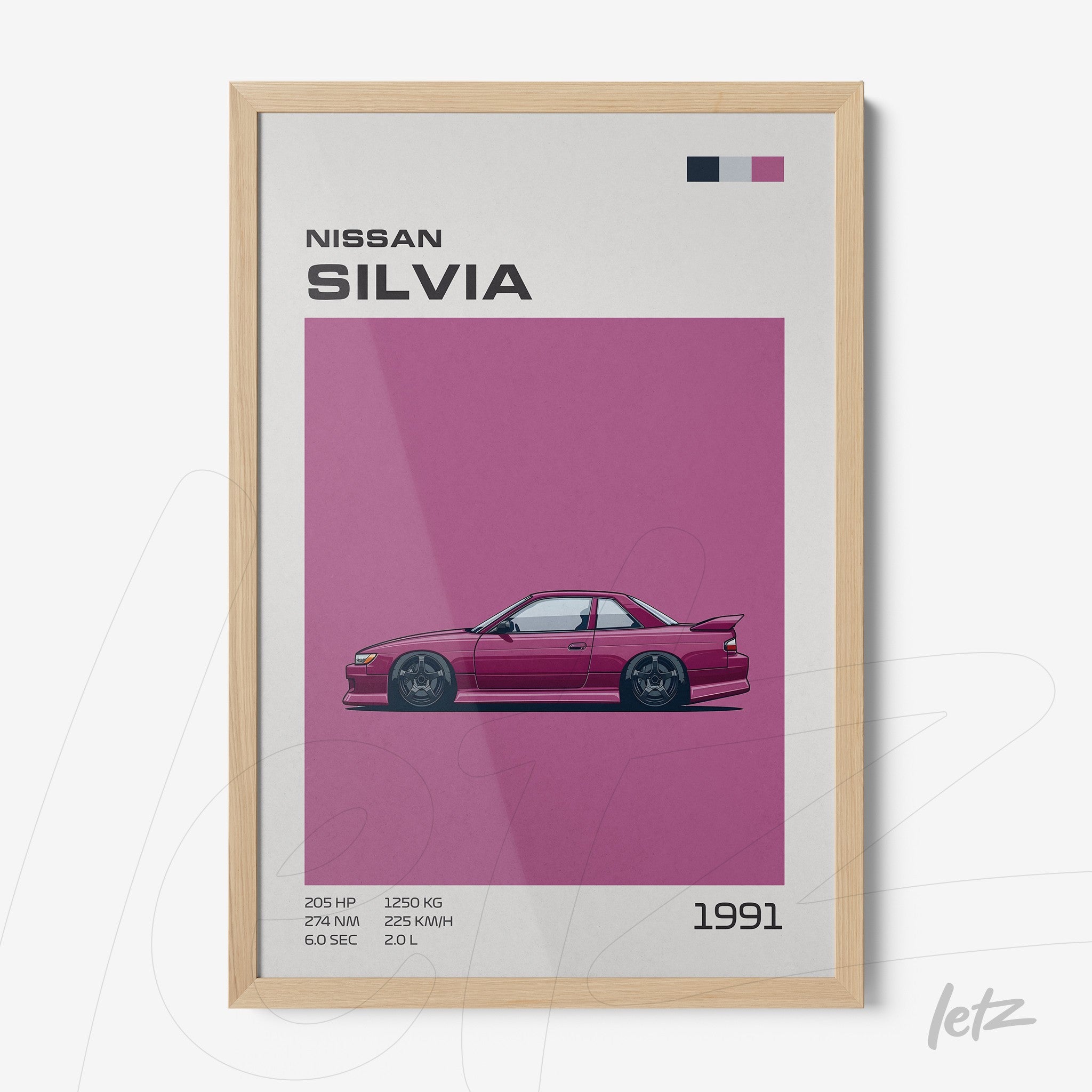 framed art featuring a stylized illustration of the 1991 Nissan Silvia in a light wood frame
