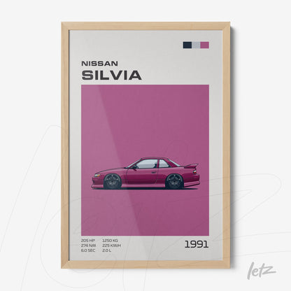 framed art featuring a stylized illustration of the 1991 Nissan Silvia in a light wood frame