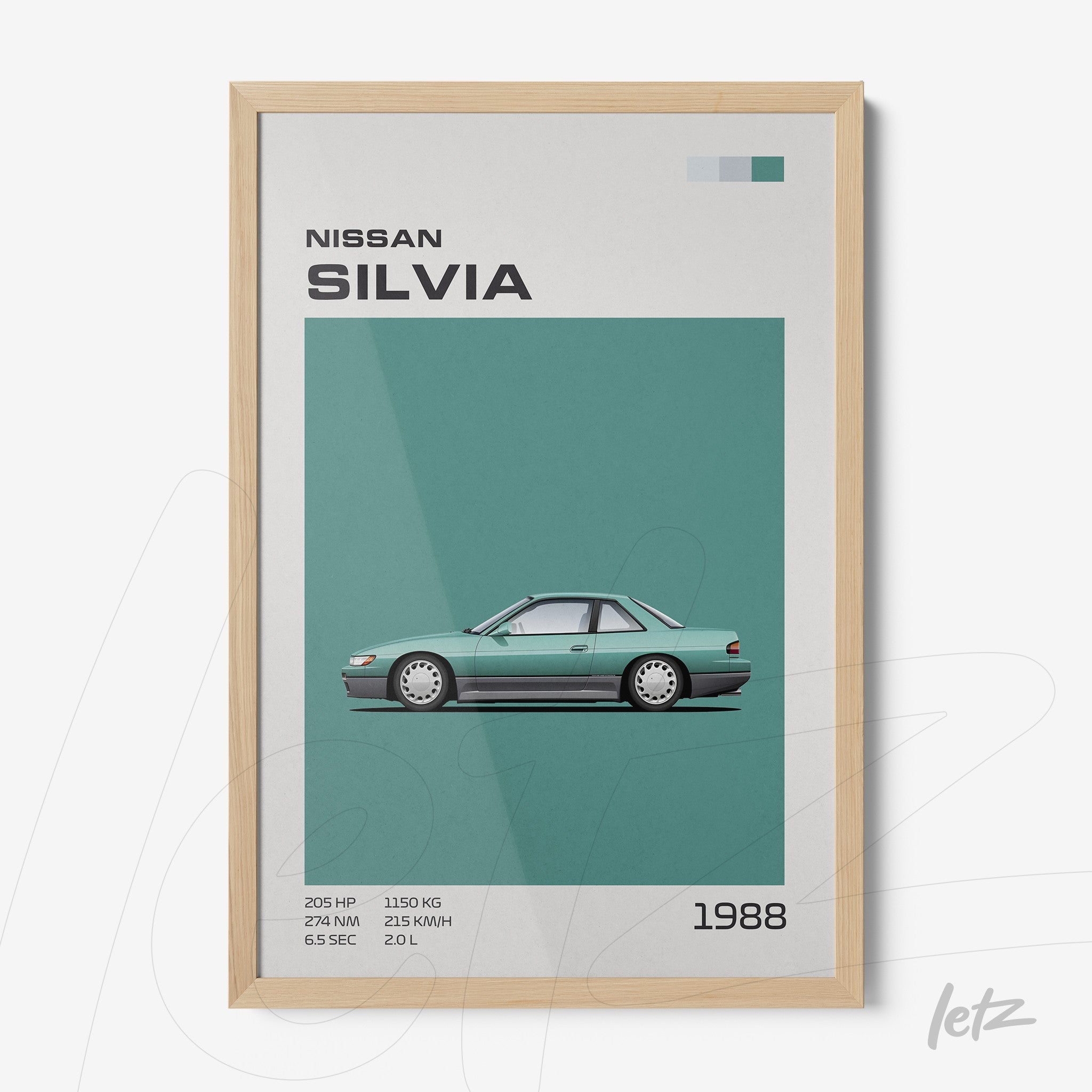 framed artwork featuring a classic illustration of the Nissan Silvia with light wood frame