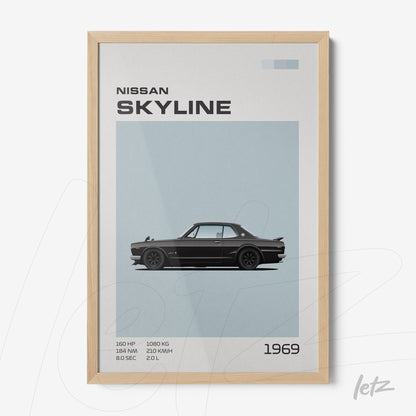 framed artwork featuring a minimalist illustration of a 1969 Nissan Skyline in light wood frame