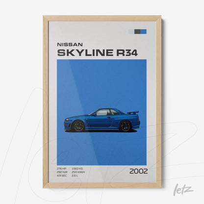 framed minimalist art of Nissan Skyline R34 car in blue background with technical specifications