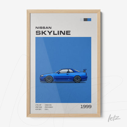 framed artwork featuring an illustration of the 1999 Nissan Skyline with a light wood frame