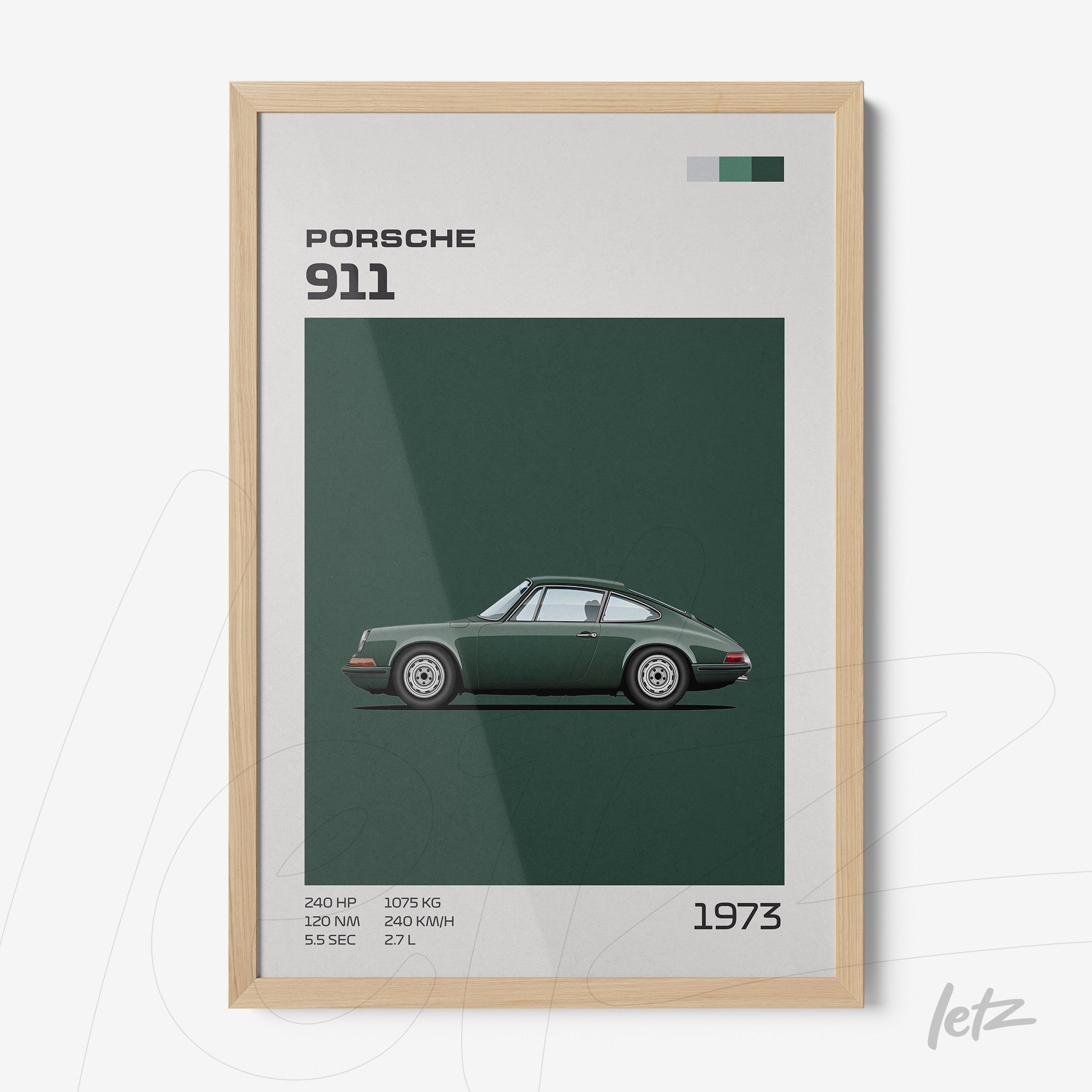 framed artwork featuring a minimalist illustration of a green Porsche 911 on a dark green background with a light wood frame