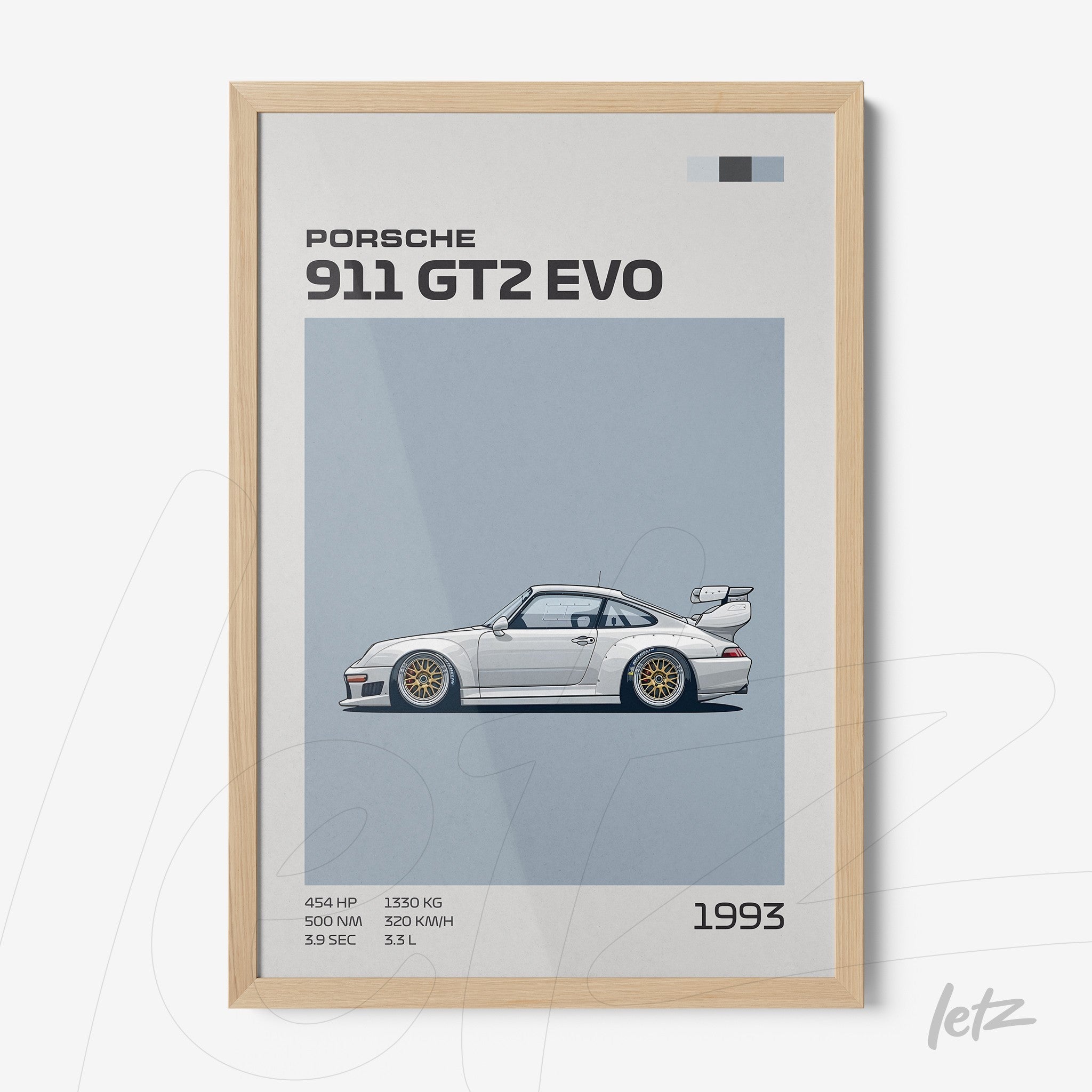 framed minimalist illustration of the 1993 Porsche 911 GT2 EVO with light wood frame