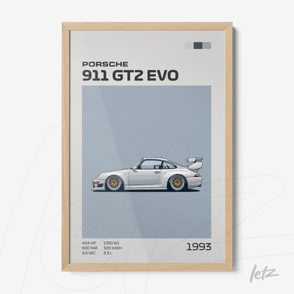 framed minimalist illustration of the 1993 Porsche 911 GT2 EVO with light wood frame