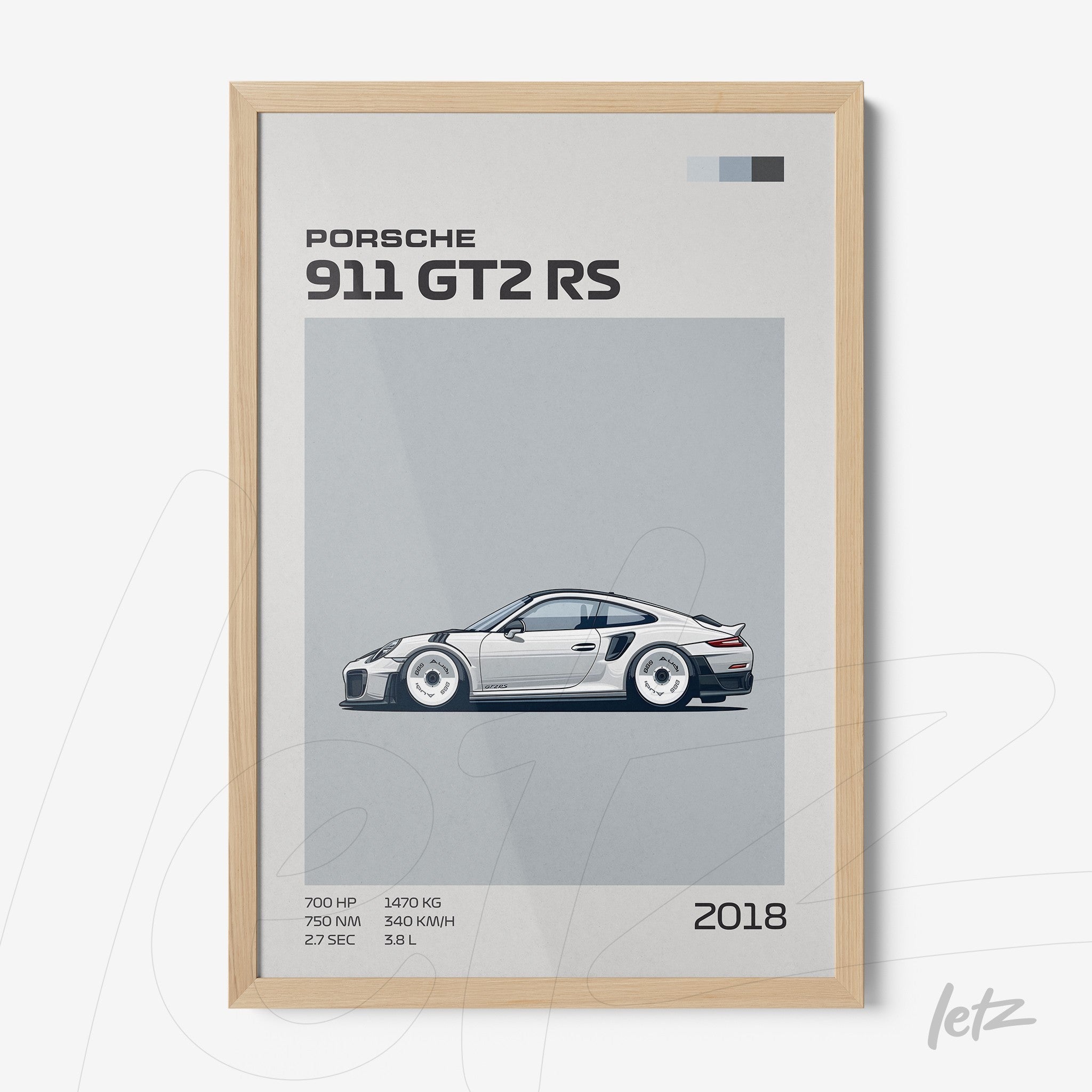 framed wall art featuring a minimalist illustration of the Porsche 911 GT2 RS with a light wood frame