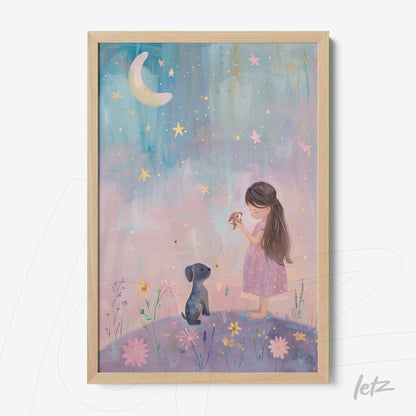 framed artwork featuring a soft illustration of a girl in a pink dress and a dog under a starry sky with light wooden frame