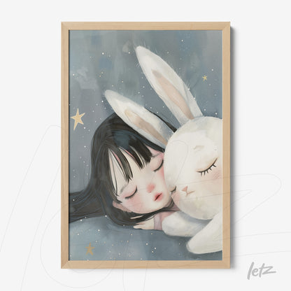 framed wall art featuring digital painting of a sleeping girl beside a white rabbit with a dark blue background and golden stars
