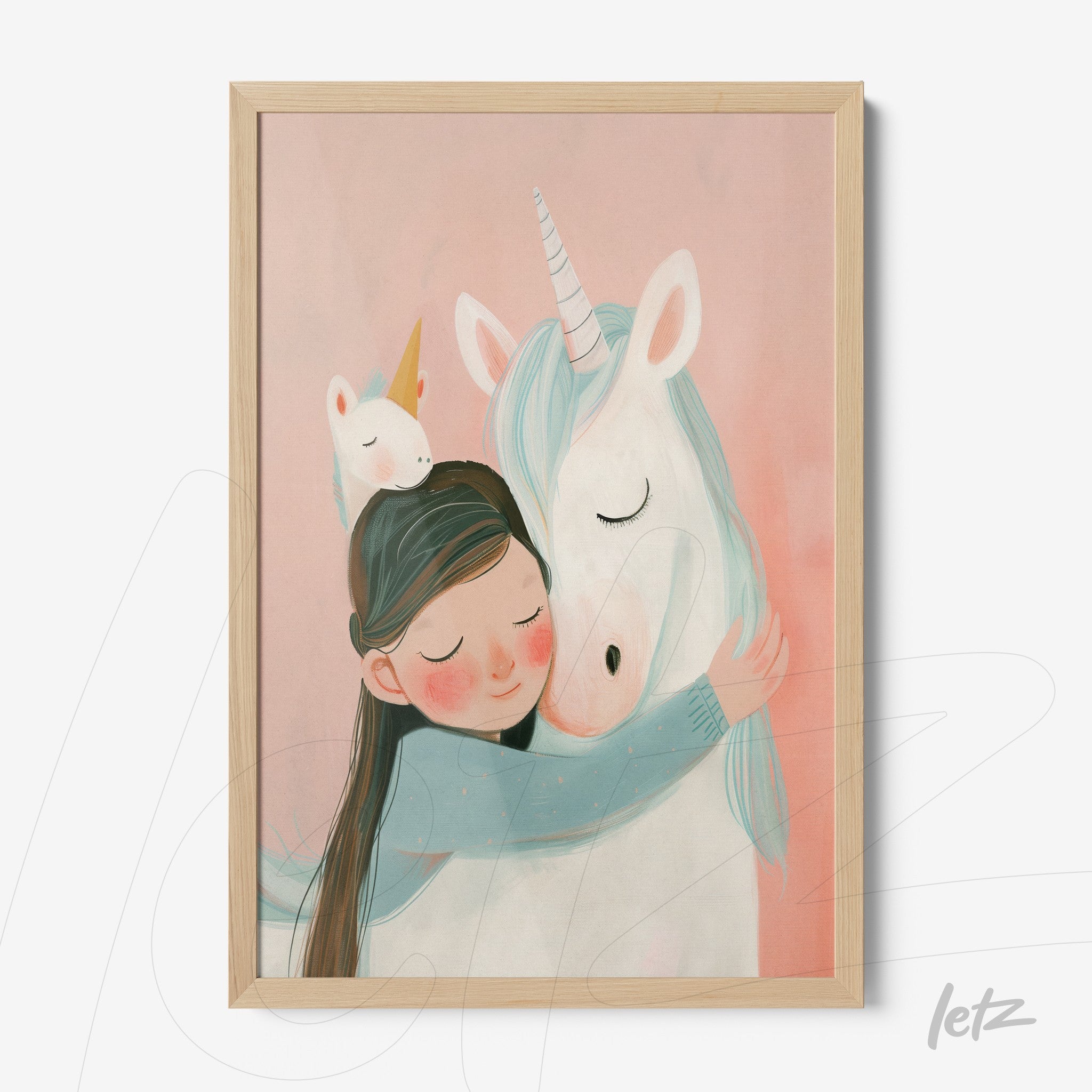 framed wall art featuring a soft illustration of a girl hugging a unicorn on a pink background with light wood frame