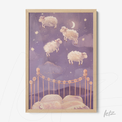 framed art featuring fluffy sheep floating in a starry sky over a bed in a light wood frame