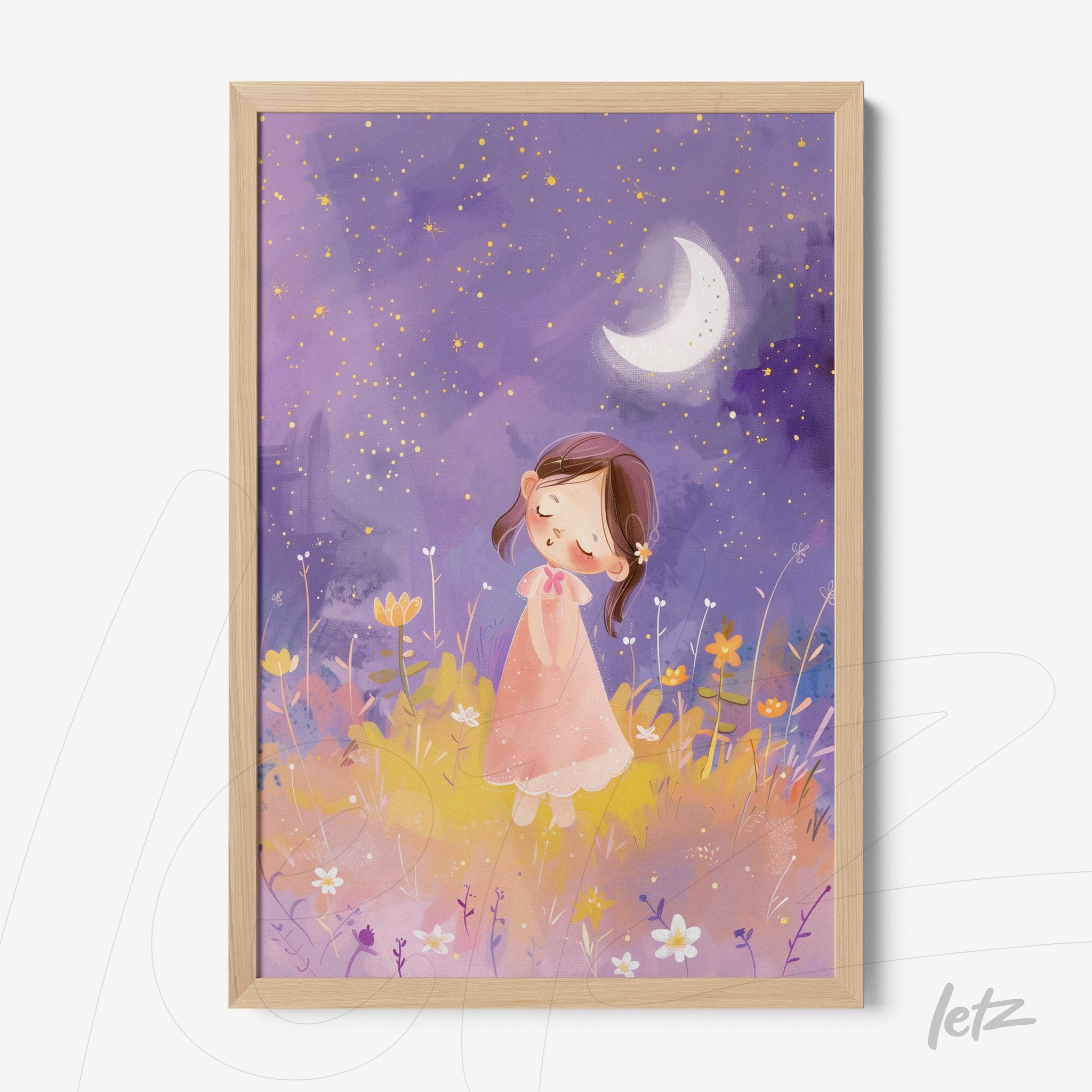 framed art with dreamy girl illustration in a flower field under a starry sky with light wood frame